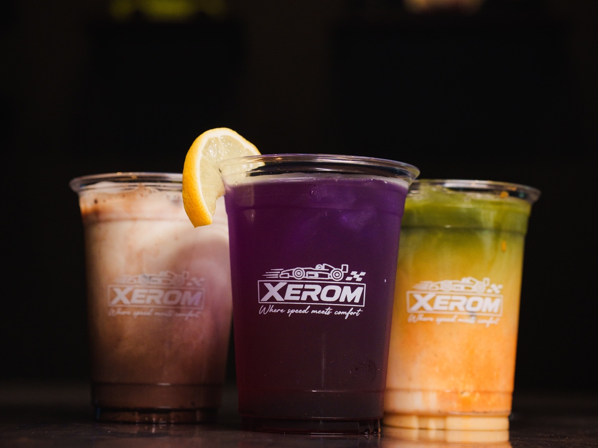 Three colourful drinks from the Xerom cafe