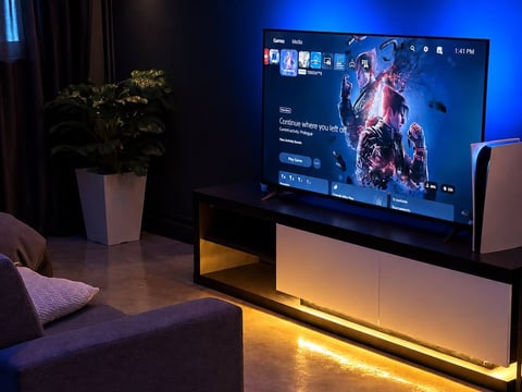 PS5 lounge with a sofa, screen and console at Xerom