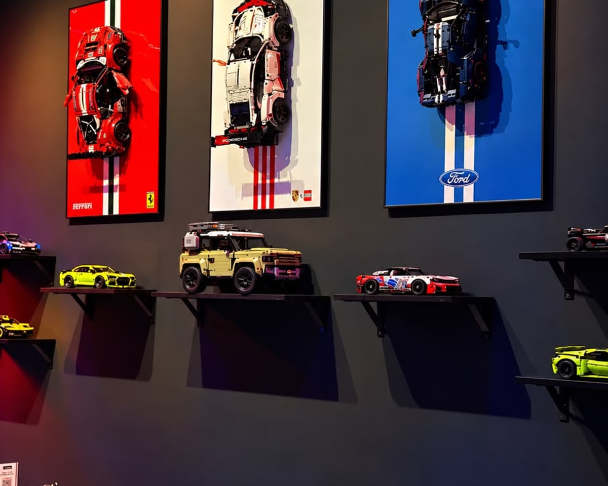 Model race cars and framed displays on a wall at Xerom
